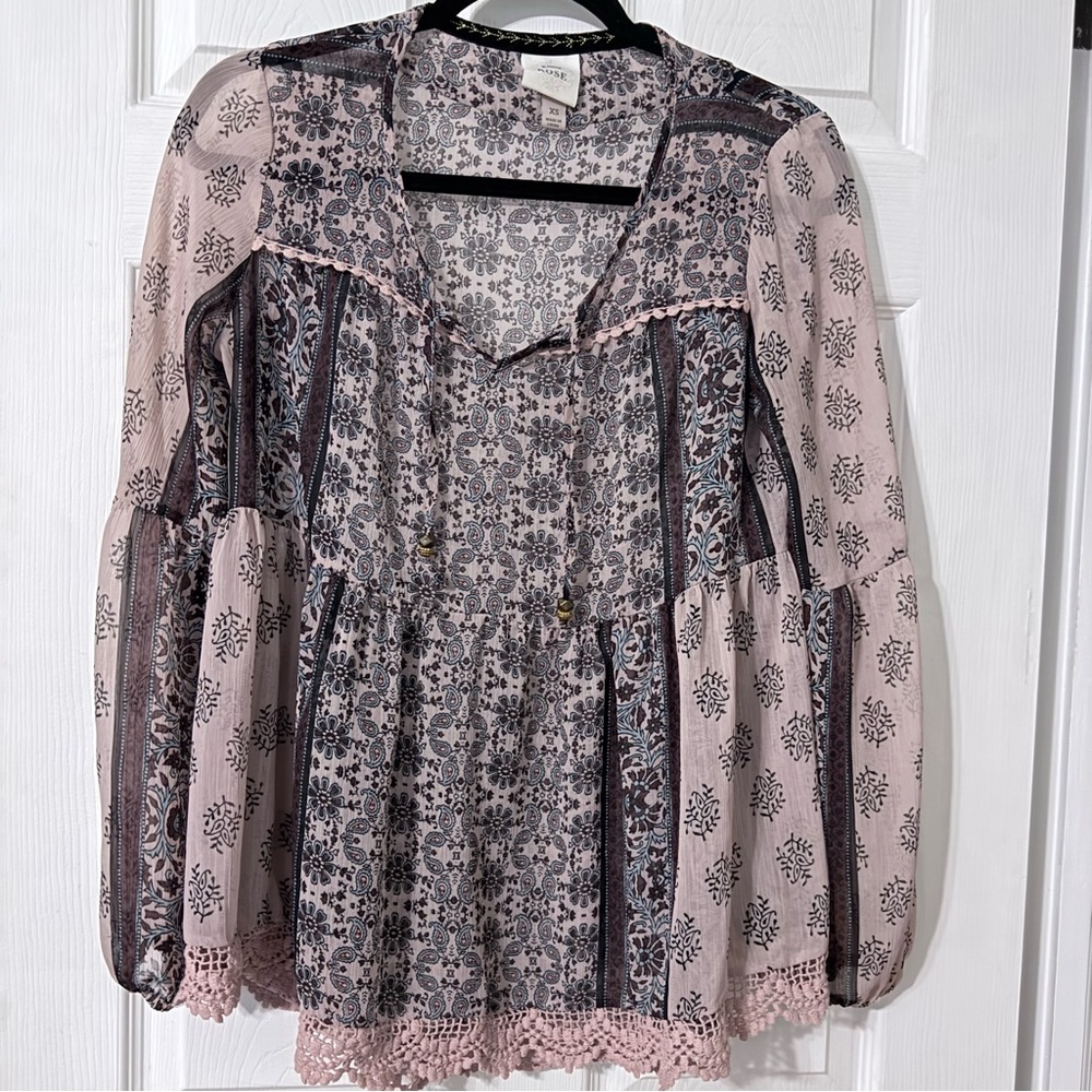 Knox Rose Boho Patchwork Shirt Blouse Purple Paisley Women’s Size XS